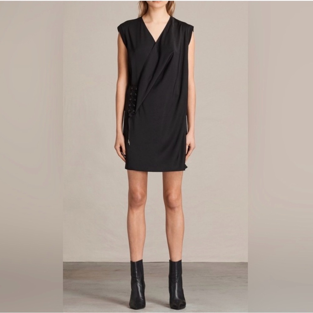 All Saints Black Draped V-Neck Mini Dress